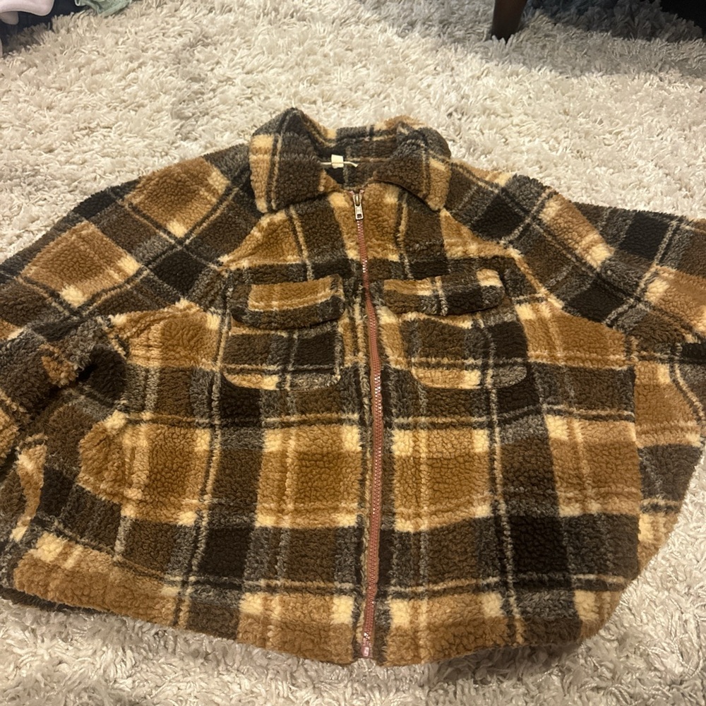 La Hearts Brown Plaid Sherpa Jacket